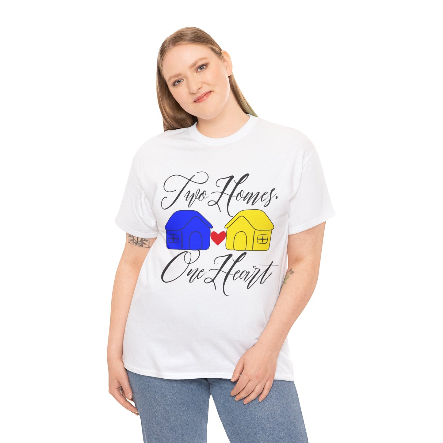 'Two Homes, One Heart' Design, Unisex Heavy Cotton Tee for Family Reunion Shirt, Couple's Gift, Pride Apparel, Inspirational Shirt