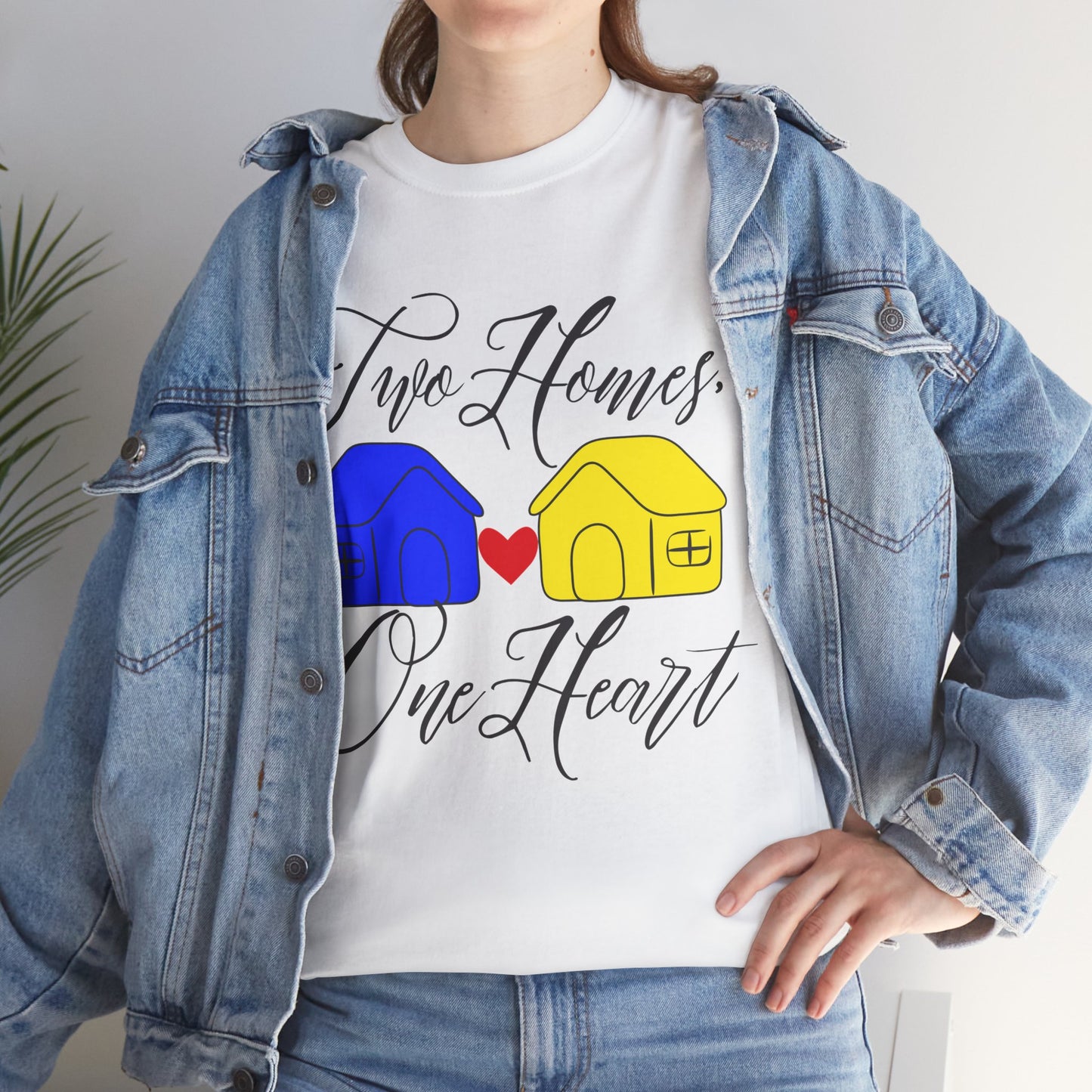'Two Homes, One Heart' Design, Unisex Heavy Cotton Tee for Family Reunion Shirt, Couple's Gift, Pride Apparel, Inspirational Shirt