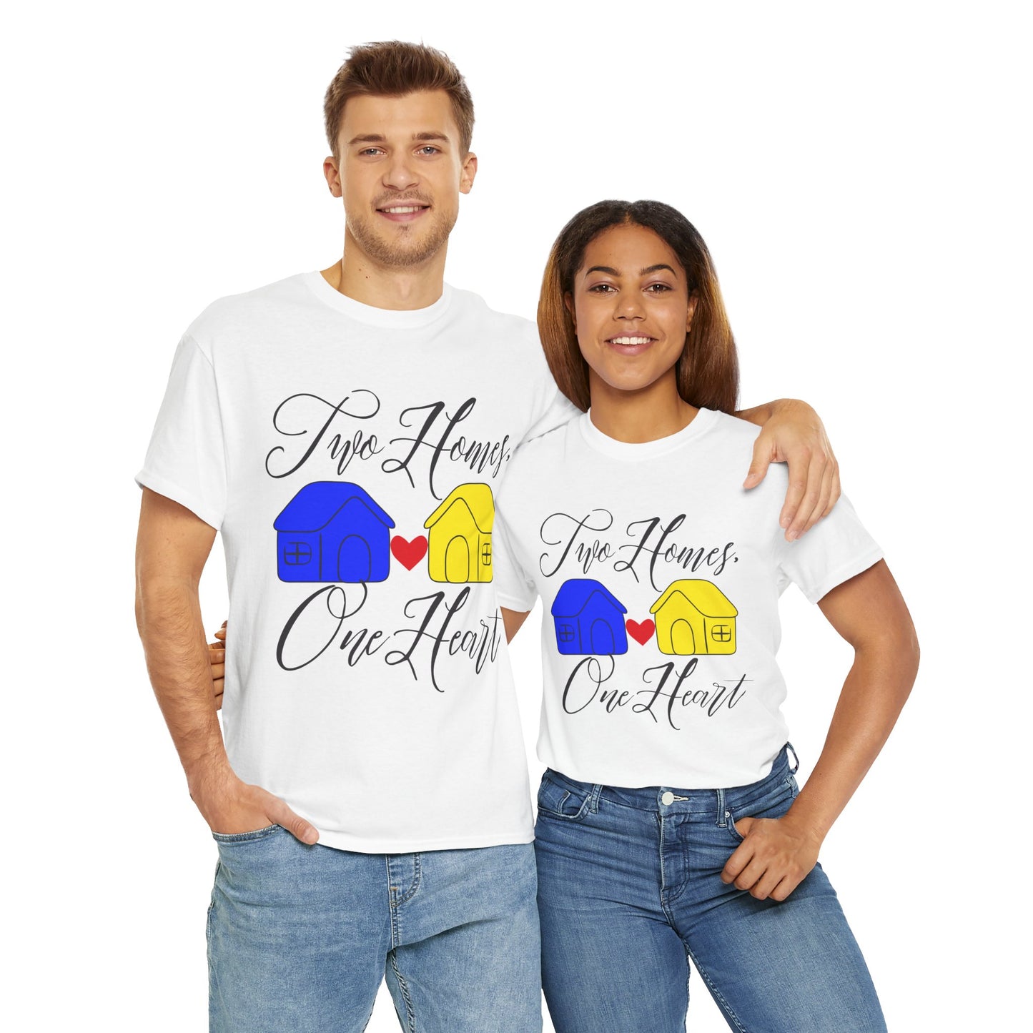 'Two Homes, One Heart' Design, Unisex Heavy Cotton Tee for Family Reunion Shirt, Couple's Gift, Pride Apparel, Inspirational Shirt