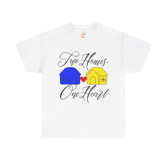 'Two Homes, One Heart' Design, Unisex Heavy Cotton Tee for Family Reunion Shirt, Couple's Gift, Pride Apparel, Inspirational Shirt